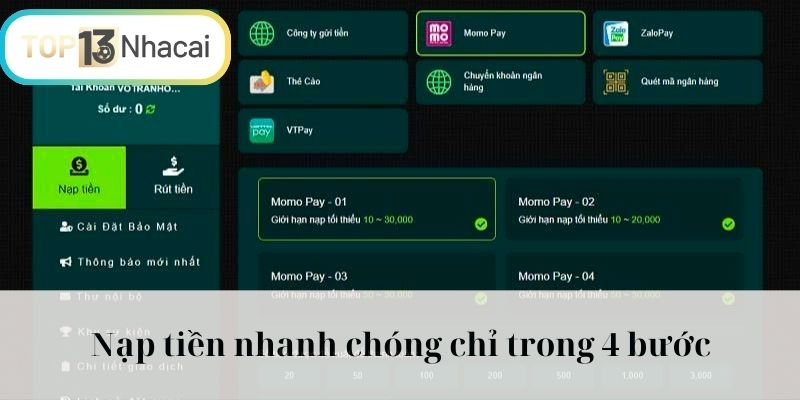 Nạp tiền nhanh chóng chỉ trong 4 bước