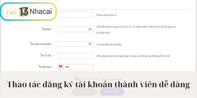 Thao tác đăng ký tài khoản thành viên dễ dàng